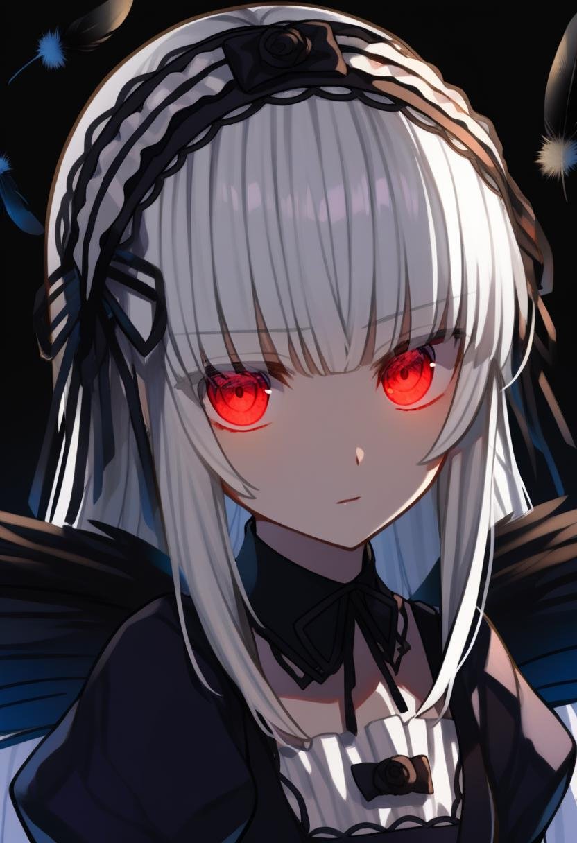 1girl, suigintou, glowing eyes, solo, red eyes, wings, long hair, dress, hairband, white hair, feathers, looking at viewer, portrait, eyes visible through hair, (dark:1.2), low illumination, high quality, late, <lora:char - suigintou - v1 - bionagato:1>