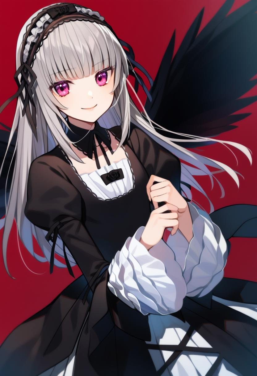 1girl, suigintou, solo, long hair, dress, long sleeves, hairband, smile, closed mouth, red background, looking at viewer, wings, black dress, bangs, black hairband, puffy sleeves, grey hair, juliet sleeves, black wings, pink eyes, high quality, late, <lora:char - suigintou - v1 - bionagato:1>