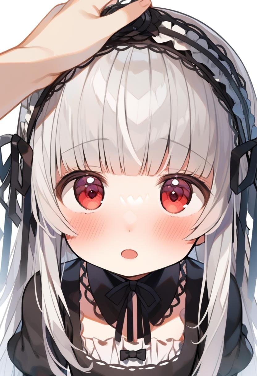 1girl, shinku, headpat, pov, solo, long hair, red eyes, dress, white background, grey hair, hairband, simple background, frills, bangs, looking at viewer, blush, black dress, black ribbon, upper body, looking up, blush, open mouth, high quality, late, <lora:char - suigintou - v1 - bionagato:1>