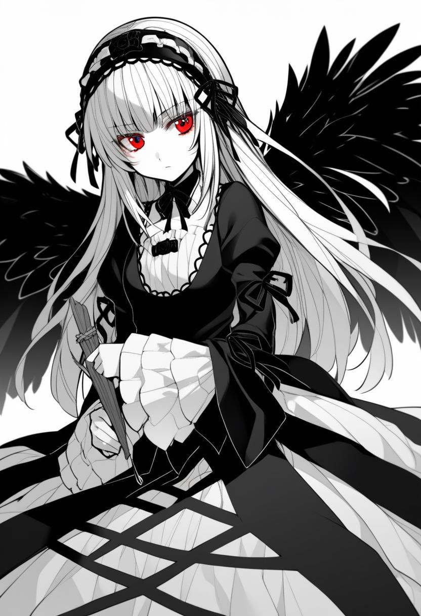 1girl, suigintou, solo, red eyes, long hair, wings, feathers, dress, monochrome, hairband, long sleeves, spot color, white background, holding, greyscale, simple background, closed mouth, frills, high quality, late, <lora:char - suigintou - v1 - bionagato:1>