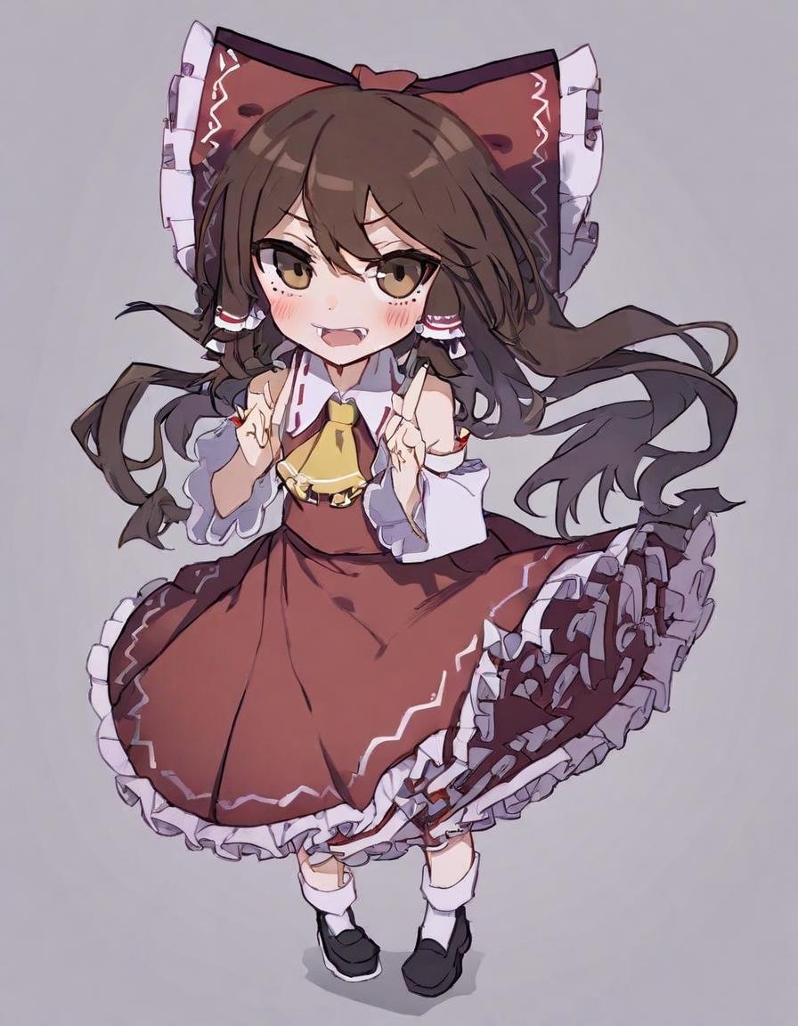 hakurei reimu, 1girl, :o, artist name, ascot, between fingers, black footwear, bow, brown eyes, brown hair, chibi, collared shirt, detached sleeves, frilled bow, frilled hair tubes, frilled skirt, frills, full body, hair bow, hair tubes, holding, holding paper, light blush, long sleeves, looking at viewer, ofuda, open mouth, outstretched arm, paper, print bow, print collar, red bow, red ribbon, red shirt, red skirt, ribbon, ribbon-trimmed sleeves, ribbon trim, shirt, short hair, skirt, sleeveless, sleeveless shirt, socks, solo, standing, tareme, two-tone background, white background, white socks, wide sleeves, yellow ascot, yellow background, <lora:Style_-_kame_kamepan44231-000001>