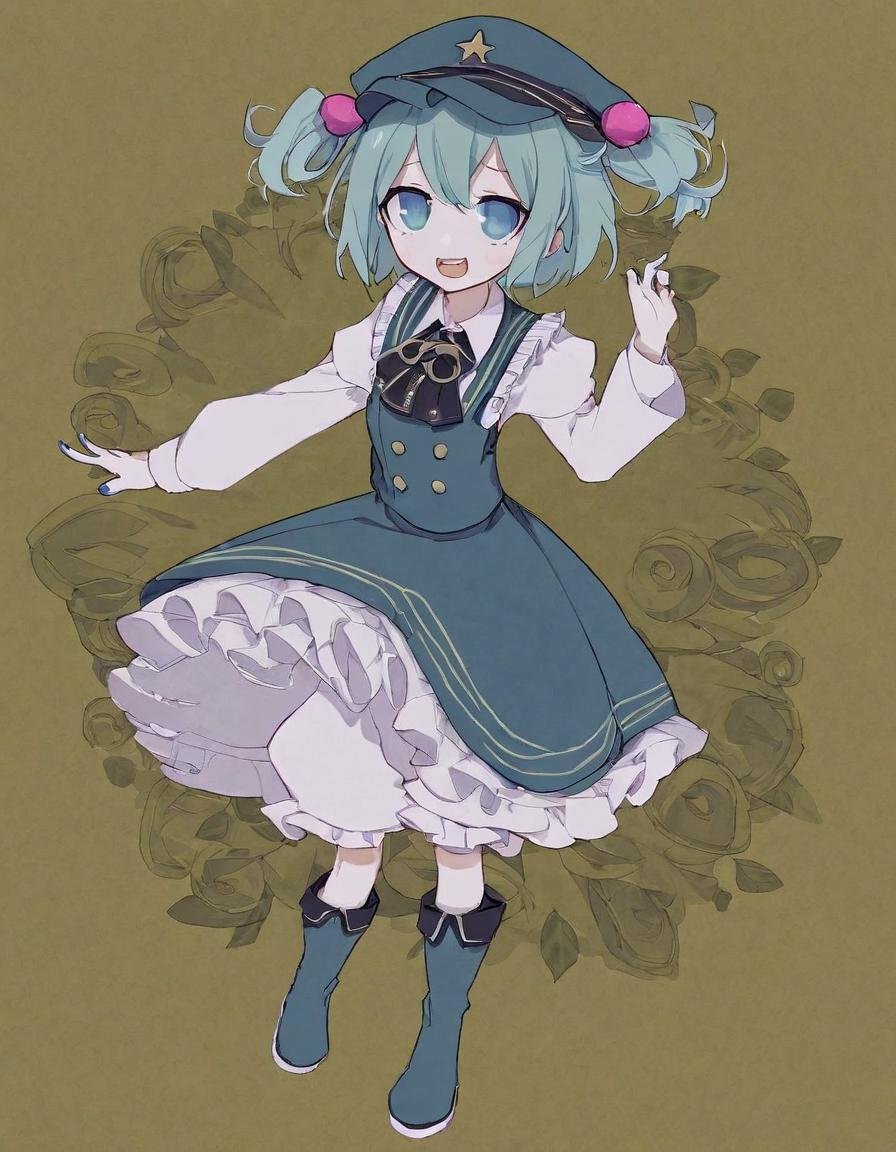 kawashiro nitori, 1girl, bloomers, blue eyes, blue footwear, blue hair, blue nails, blue shirt, blue skirt, boots, cucumber, fingernails, flat cap, full body, green headwear, hair bobbles, hair ornament, hat, key, long sleeves, nail polish, open mouth, shirt, short hair, simple background, skirt, solo, two side up, white background, white bloomers, <lora:Style_-_kame_kamepan44231-000001>