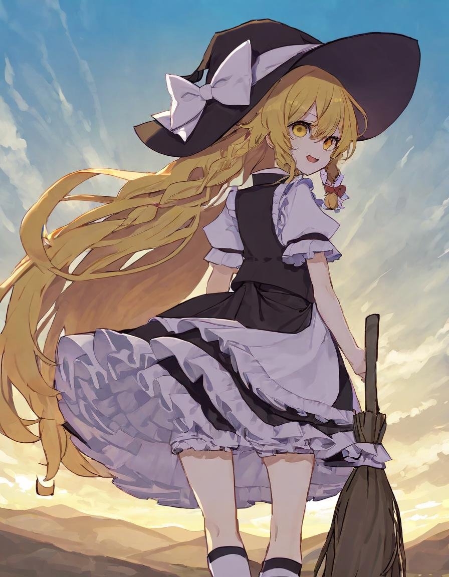 kirisame marisa, 1girl, apron, back bow, black headwear, black skirt, black vest, blonde hair, bloomers, bow, braid, broom, broom riding, cloud, cloudy sky, dot nose, floating hair, frilled apron, frilled skirt, frills, hair bow, hat, hat bow, long hair, mini-hakkero, red bow, shirt, short sleeves, single braid, skirt, sky, smile, solo, underwear, vest, waist apron, white apron, white bow, white shirt, witch hat, yellow eyes, yin yang, <lora:Style_-_kame_kamepan44231-000001>