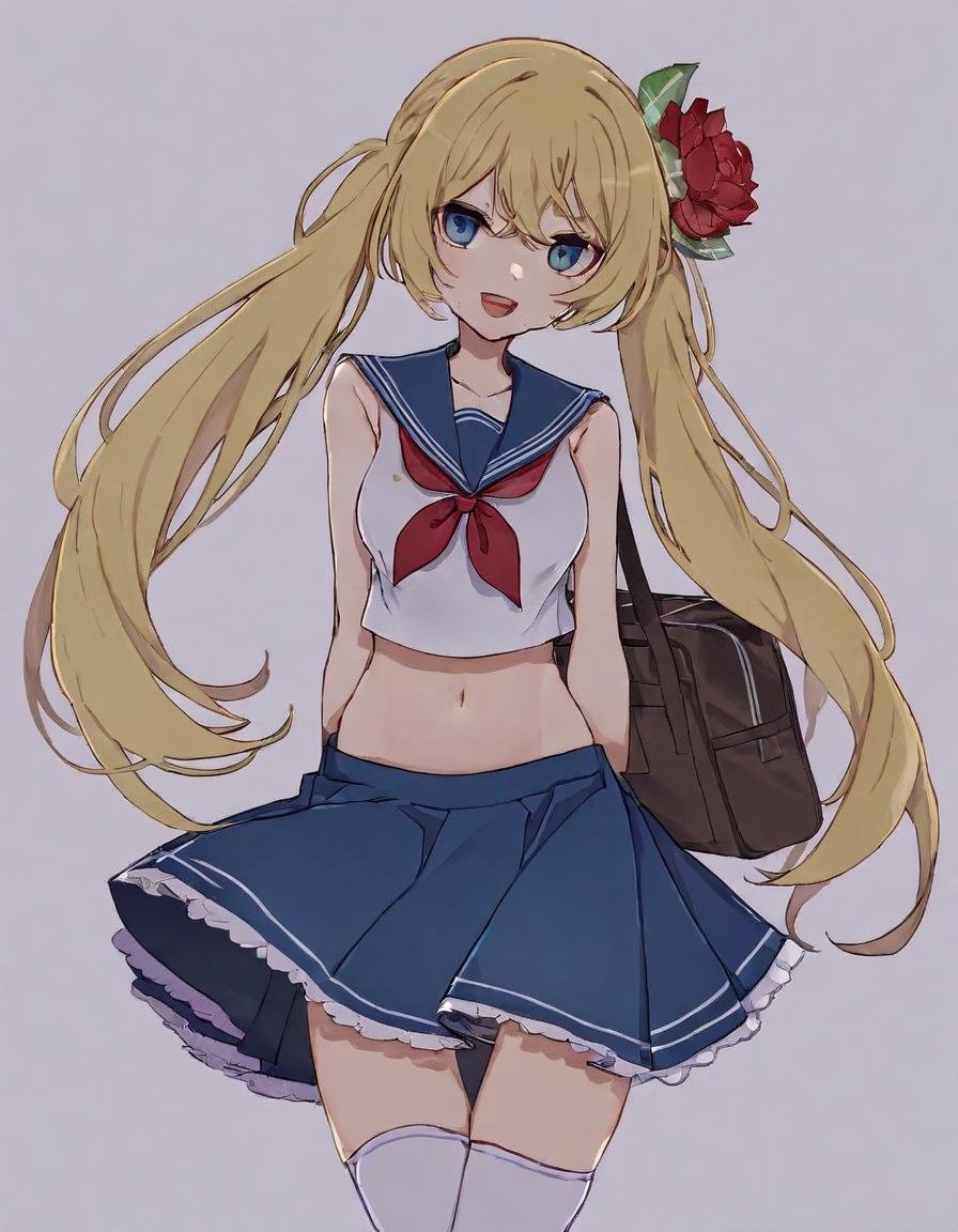 1girl, arms behind back, bag, bare arms, bare shoulders, blonde hair, blue eyes, blue sailor collar, blue skirt, breasts, color guide, crop top, flower, full body, hair flower, hair ornament, hair ribbon, holding, holding bag, large breasts, long hair, looking at viewer, mary janes, midriff, miniskirt, navel, neckerchief, open mouth, pleated skirt, ribbon, sailor collar, school bag, school uniform, serafuku, shirt, shoes, sidelocks, simple background, skindentation, skirt, sleeveless, sleeveless shirt, solo, standing, stomach, sweatdrop, thighhighs, thighs, twintails, very long hair, white background, white shirt, white thighhighs, zettai ryouiki, <lora:Style_-_kame_kamepan44231-000001>