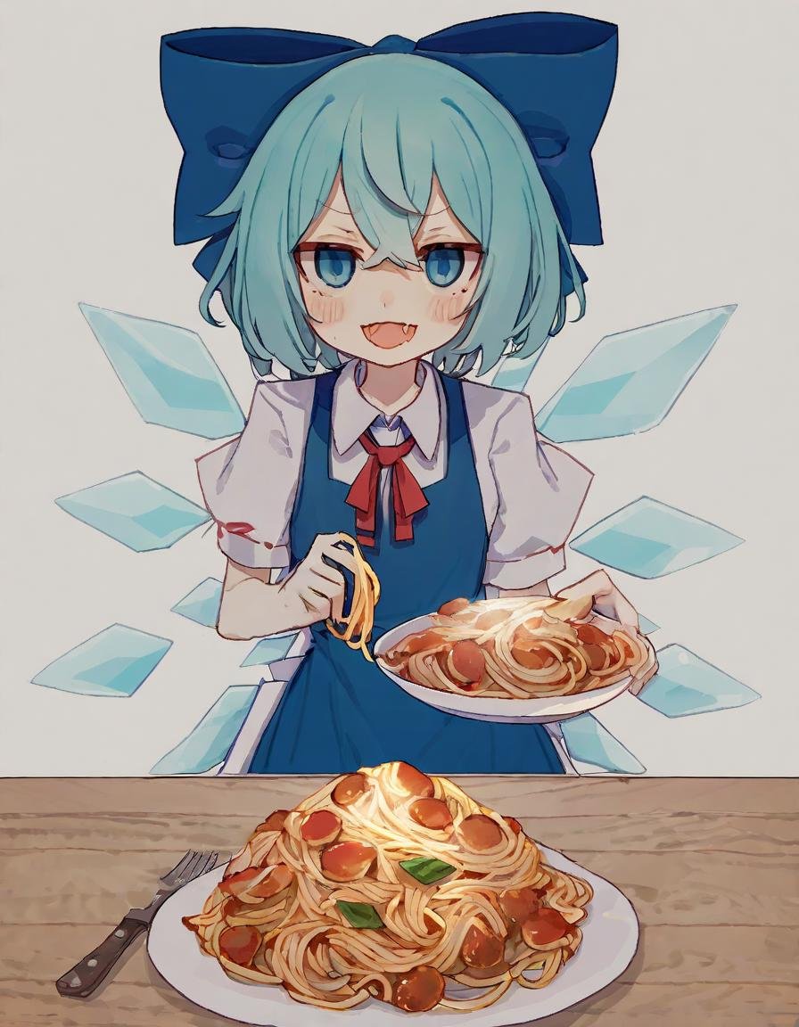 cirno, 1girl, ahoge, blue bow, blue dress, blue eyes, blue hair, blush, bow, collared shirt, cooking pot, detached wings, dress, fairy, fang, food, hair bow, holding, ice, ice wings, looking at viewer, open mouth, pasta, pink dress, shirt, short hair, short sleeves, simple background, skin fang, smile, socks, solo, spaghetti, white background, white shirt, white socks, wings, <lora:Style_-_kame_kamepan44231-000001>