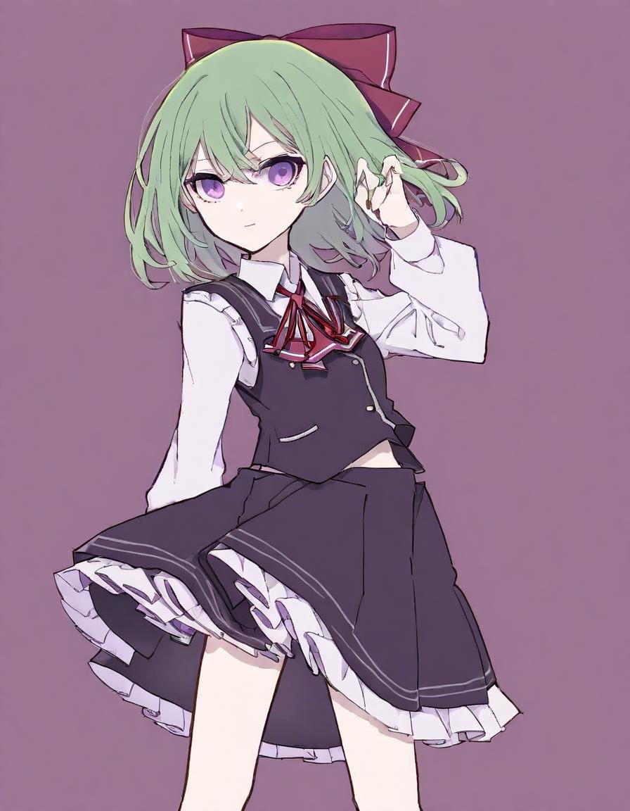 1girl, arm up, black skirt, black vest, closed mouth, collared shirt, green hair, green jacket, hair ribbon, jacket, long sleeves, medium hair, neck ribbon, open clothes, open jacket, pleated skirt, purple eyes, red background, ribbon, shirt, simple background, skirt, solo, standing, vest, white shirt, <lora:Style_-_kame_kamepan44231-000001>