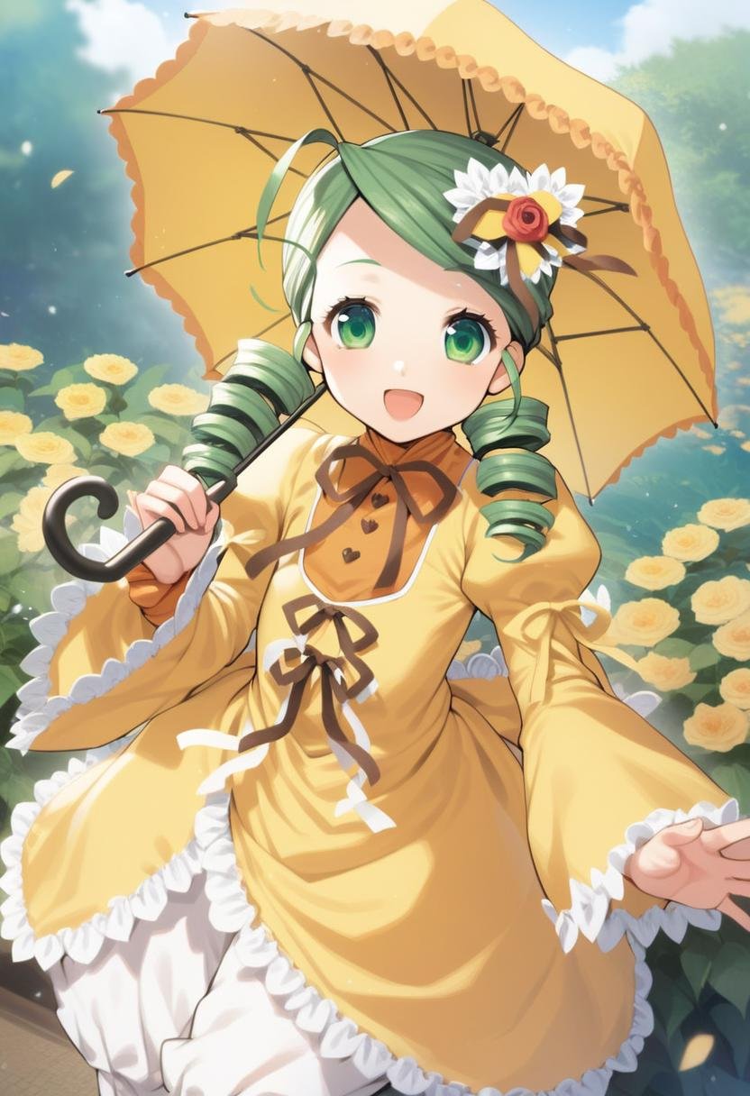 1girl, kanaria, umbrella, drill hair, green hair, green eyes, hair ornament, open mouth, dress, looking at viewer, smile, long sleeves, flower, high quality, late, <lora:char - kanaria - v2 - bionagato:1>