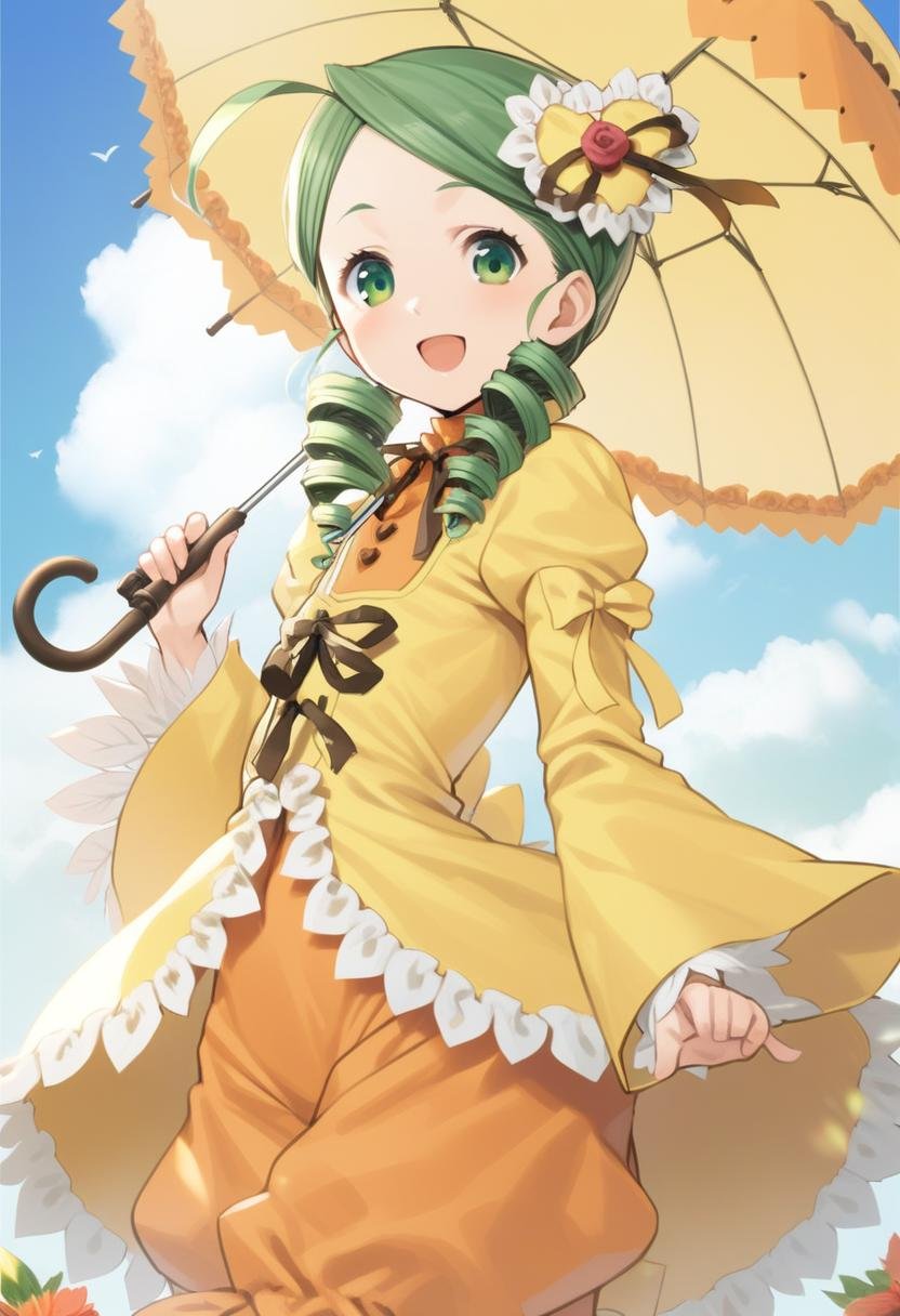 1girl, kanaria, umbrella, drill hair, green hair, green eyes, hair ornament, open mouth, dress, looking at viewer, smile, long sleeves, flower, high quality, late, <lora:char - kanaria - v2 - bionagato:1>