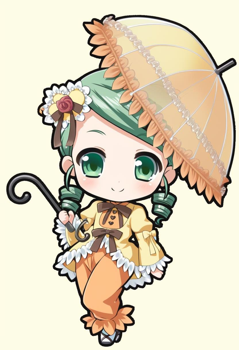 1girl, kanaria, solo, green eyes, transparent background, green hair, full body, drill hair, hair ornament, flower, cane, smile, umbrella, chibi, dress, high quality, late, <lora:char - kanaria - v2 - bionagato:1>