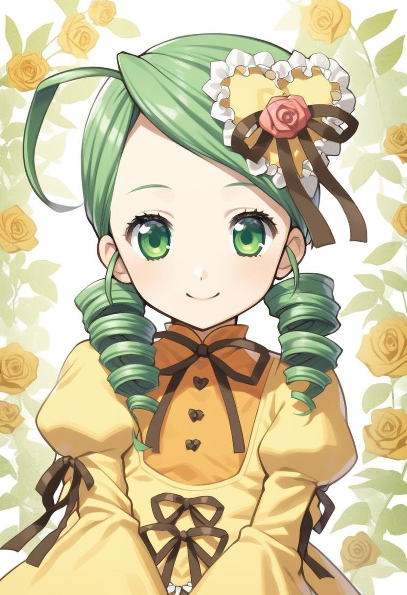 1girl, kanaria, solo, green eyes, hair ornament, green hair, flower, drill hair, hair flower, smile, looking at viewer, ribbon, black ribbon, ahoge, upper body, puffy sleeves, closed mouth, long sleeves, rose, high quality, late, <lora:char - kanaria - v2 - bionagato:1>