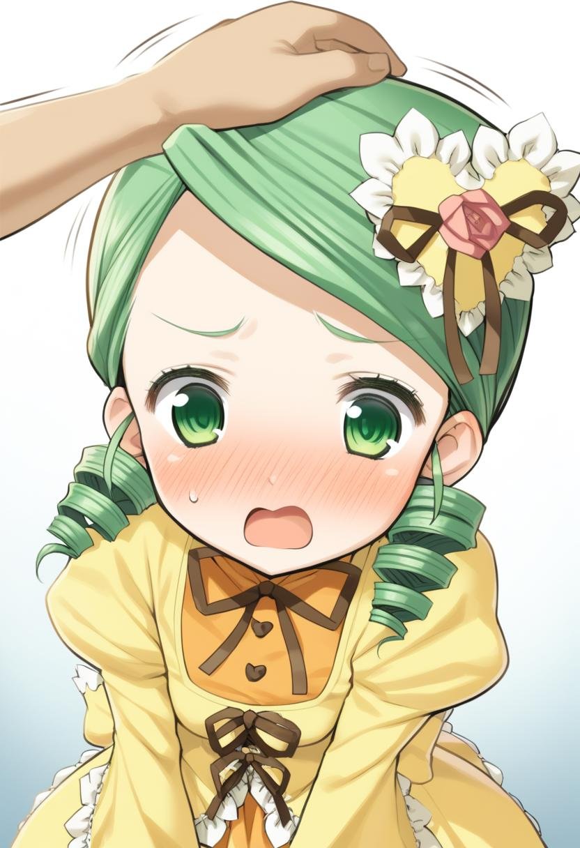 1girl, kanaria, headpat, solo, green hair, green eyes, drill hair, dress, hair ornament, open mouth, blush, high quality, late, <lora:char - kanaria - v2 - bionagato:1>