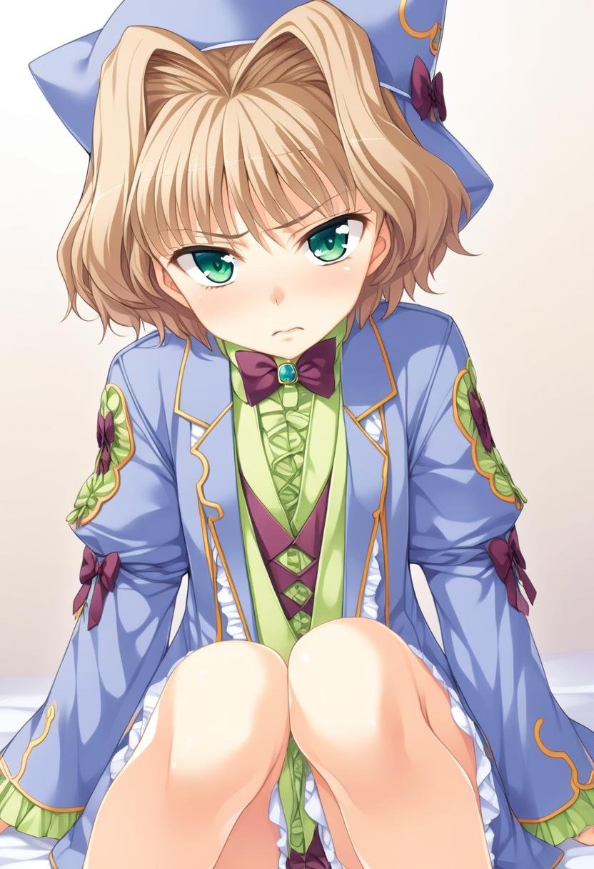 1girl, keifa, solo, green eyes, brown hair, short hair, hair intakes, hat, bow, sitting, shirt, ribbon, coat, high quality, late, <lora:char - keifa - v1 - bionagato:1>