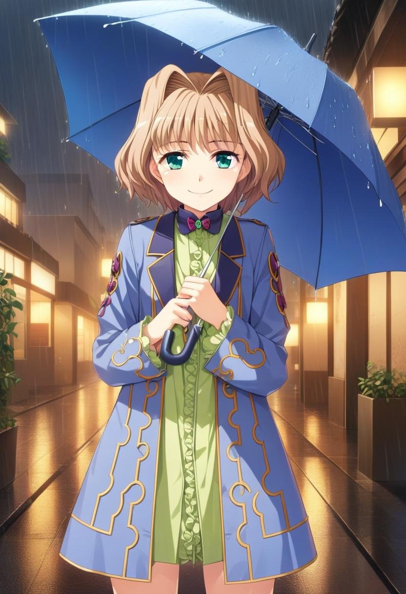 1girl, keifa, solo, green eyes, brown hair, short hair, hair intakes, hat, bow, cowboy shot, shirt, ribbon, coat, blue coat, blus, looking at viewer, raining, holding umbrella, rain, night, smile, cinematic, high quality, late, <lora:char - keifa - v1 - bionagato:1>