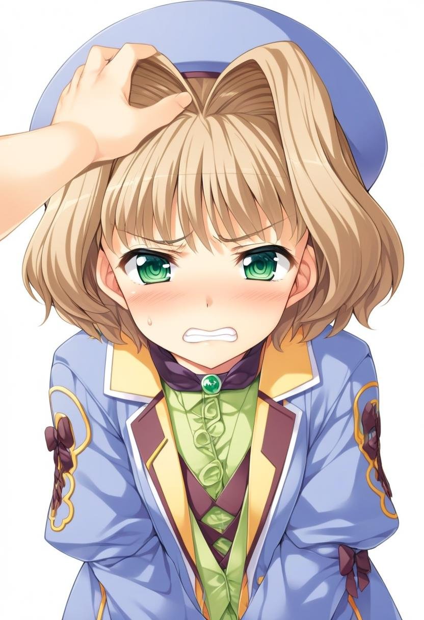 1girl, keifa, headpat, green eyes, hair intakes, hat, short hair, brown hair, blush, pov, clenched teeth, looking at viewer, coat, blue coat, white background, beret, ribbon, high quality, late, <lora:char - keifa - v1 - bionagato:1>