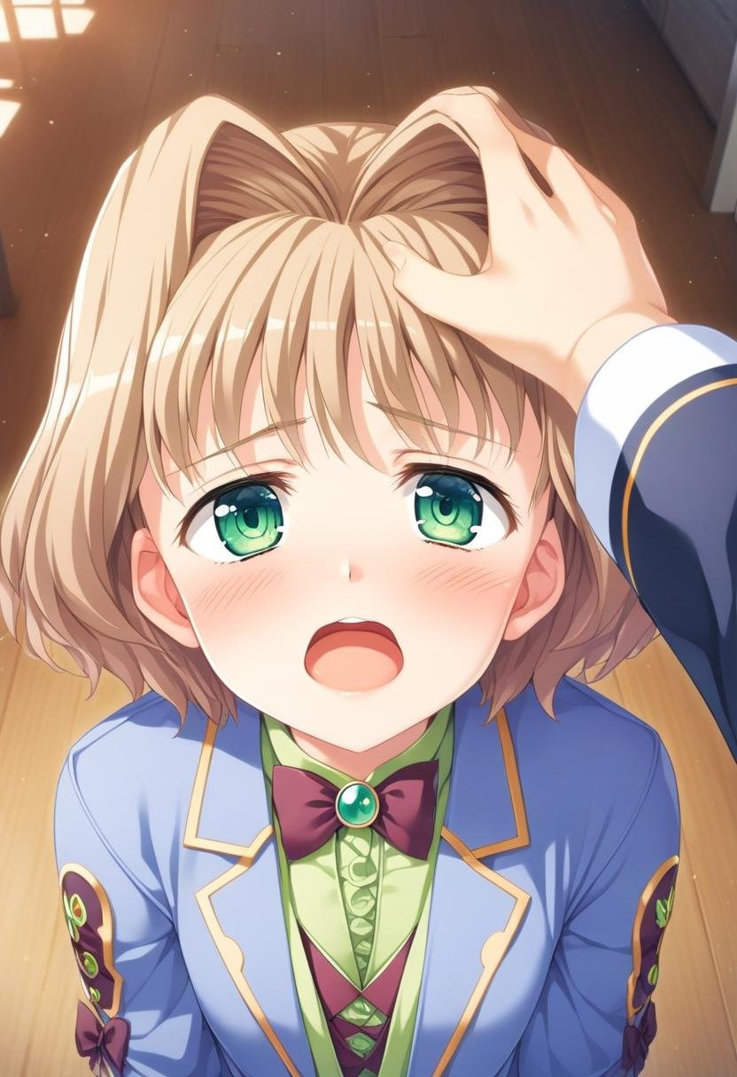 1girl, keifa, headpat, pov, solo, green eyes, brown hair, short hair, hair intakes, hat, bow, shirt, ribbon, coat, blue coat, looking at viewer, cinematic, upper body, looking up, blush, open mouth, high quality, late, <lora:char - keifa - v1 - bionagato:1>