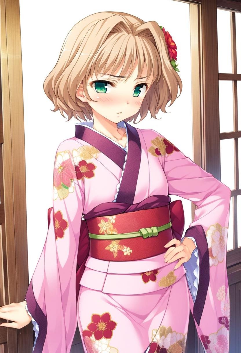 1girl, keifa, blush, brown hair, floral print, flower, green eyes, hair flower, hair ornament, hand on own hip, japanese clothes, kimono, obi, sash, short hair, solo, window, high quality, late, <lora:char - keifa - v1 - bionagato:1>