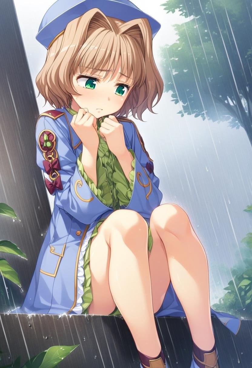 1girl, keifa, solo, green eyes, brown hair, short hair, hair intakes, hat, bow, sitting, shirt, ribbon, coat, blus, looking down, raining, high quality, late, <lora:char - keifa - v1 - bionagato:1>