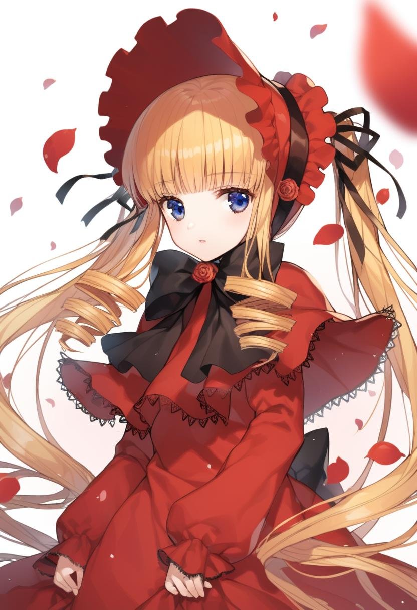 1girl, shinku, solo, long hair, blonde hair, dress, blue eyes, red dress, very long hair, bow, parted lips, red capelet, looking at viewer, petals, long sleeves, rose, bangs, bonnet, capelet, black bow, twintails, white background, drill hair, flower, simple background, red flower, high quality, late,  <lora:char - shinku - v1 - bionagato:1>