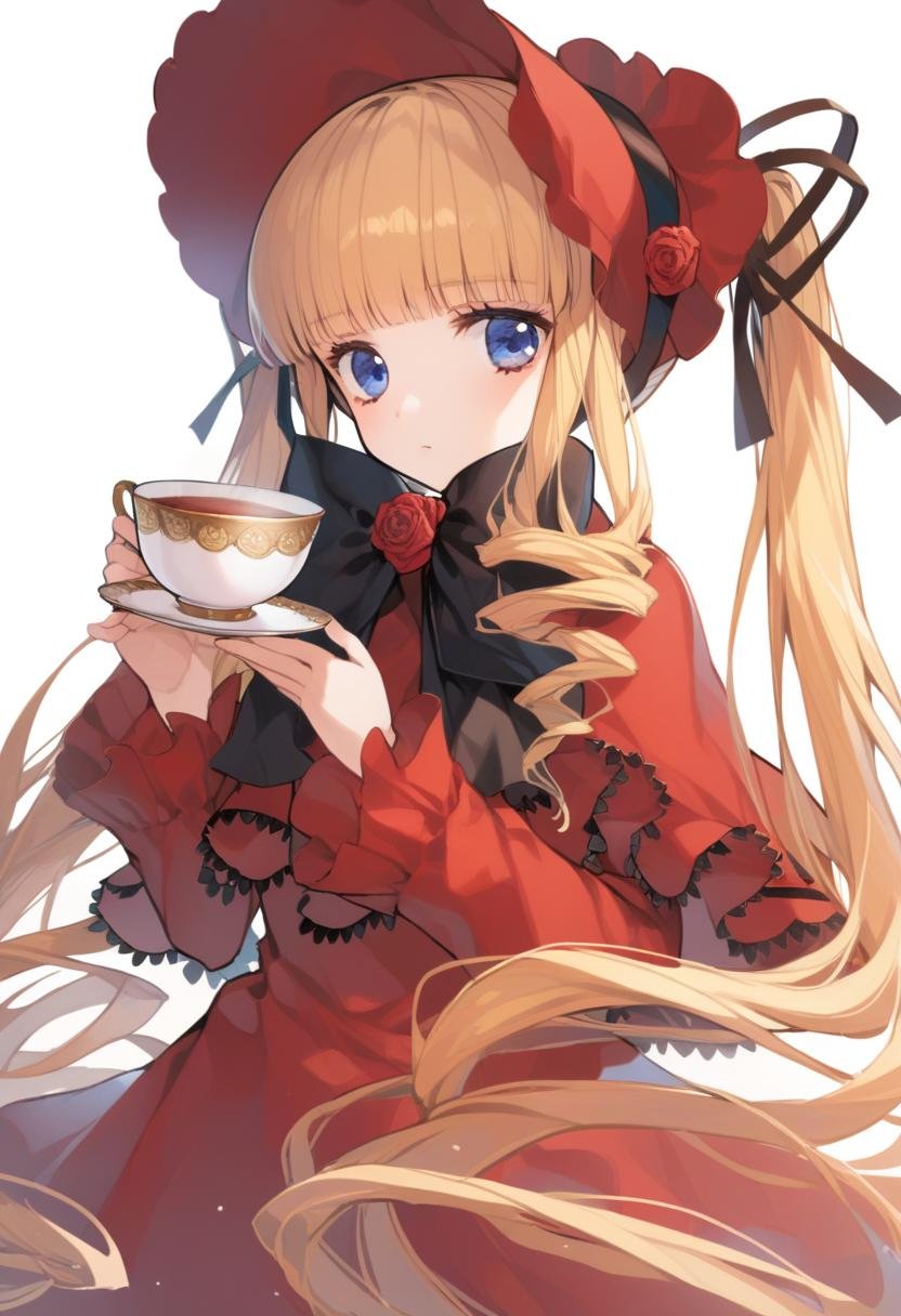 1girl, shinku, solo, cup, long hair, blonde hair, teacup, holding saucer, holding, blue eyes, rose, bow, holding cup, dress, flower, twintails, black bow, red dress, long sleeves, white background, looking at viewer, red headwear, upper body, bangs, high quality, late,  <lora:char - shinku - v1 - bionagato:1>