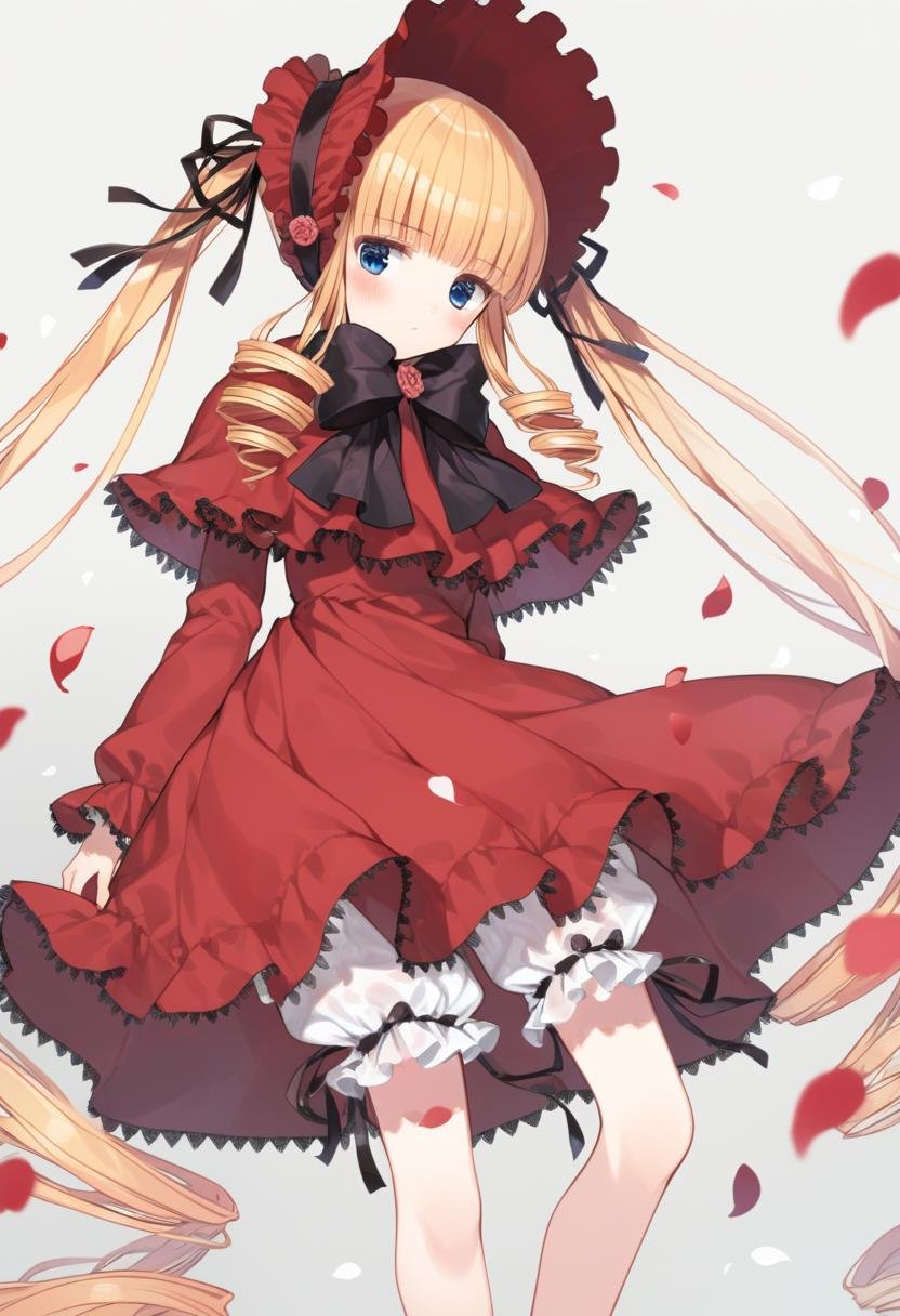 1girl, shinku, black bow, black bowtie, blonde hair, bloomers, blue eyes, blunt bangs, blush, bonnet, bow, bowtie, capelet, closed mouth, dress, drill hair, drill sidelocks, expressionless, feet out of frame, flower brooch, frilled capelet, frilled dress, frilled sleeves, frills, grey background, long hair, long sleeves, looking at viewer, medium bangs, petals, quad drills, red capelet, red dress, red headwear, sidelocks, simple background, solo, standing, twintails, underwear, very long hair, white bloomers, high quality, late,  <lora:char - shinku - v1 - bionagato:1>