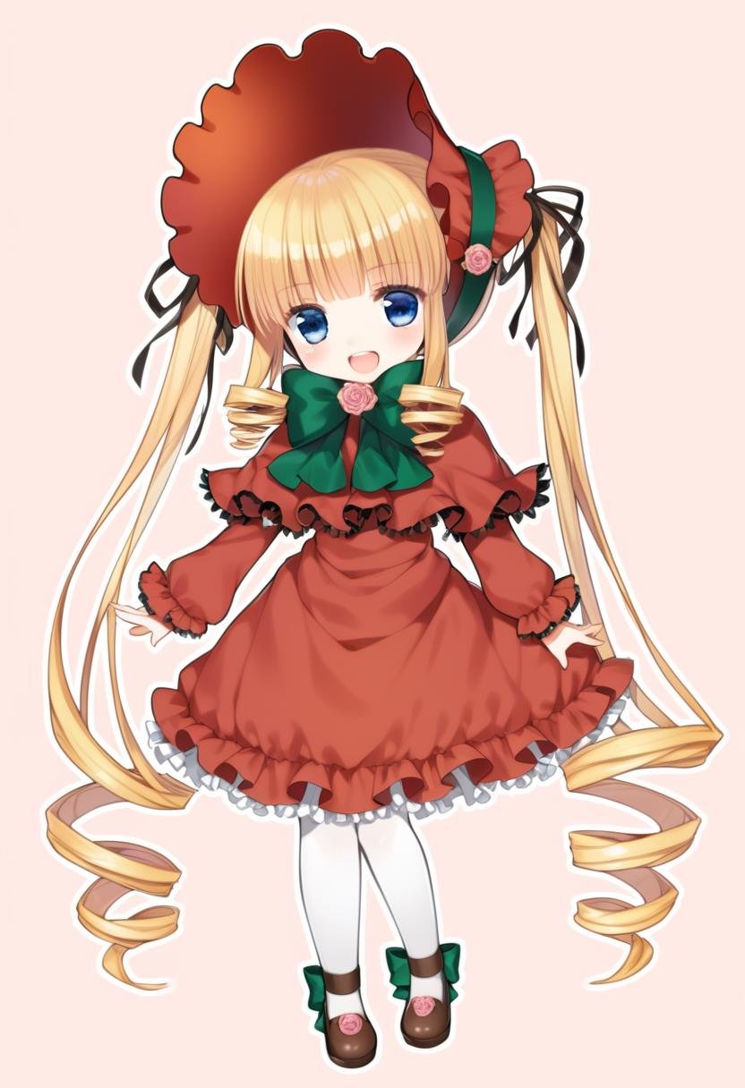 1girl, shinku, :d, blonde hair, blue eyes, bonnet, bow, bowtie, brown footwear, capelet, chibi, dress, drill hair, drill sidelocks, flower, flower brooch, footwear flower, frilled capelet, frilled dress, frilled sleeves, frills, full body, green bow, green bowtie, long hair, long sleeves, looking at viewer, medium bangs, open mouth, pantyhose, pink flower, pink rose, red capelet, red dress, red headwear, rose, shoes, sidelocks, simple background, smile, solo, standing, twintails, very long hair, white background, white pantyhose, high quality, late,  <lora:char - shinku - v1 - bionagato:1>