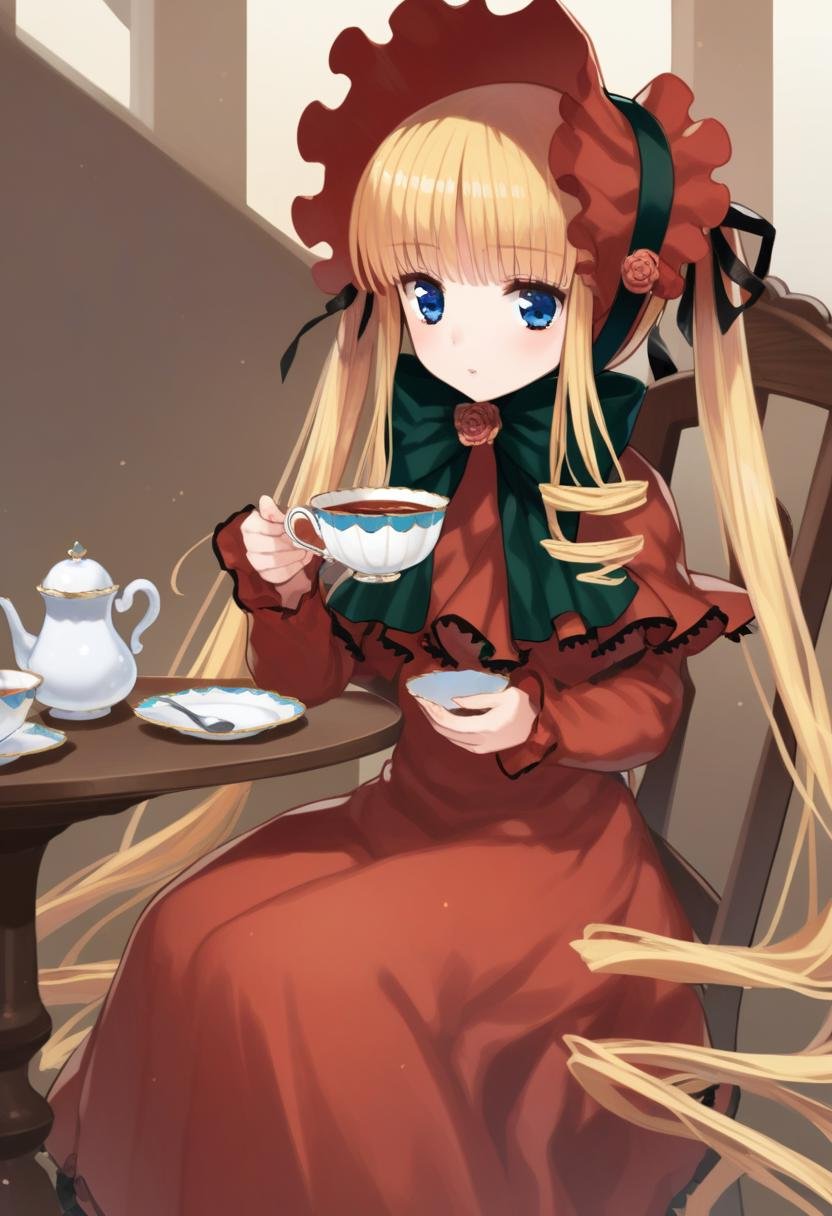 1girl, shinku, solo, blonde hair, long hair, blue eyes, teacup, cup, sitting, bonnet, twintails, dress, chair, bow, ribbon, high quality, late,  <lora:char - shinku - v1 - bionagato:1>