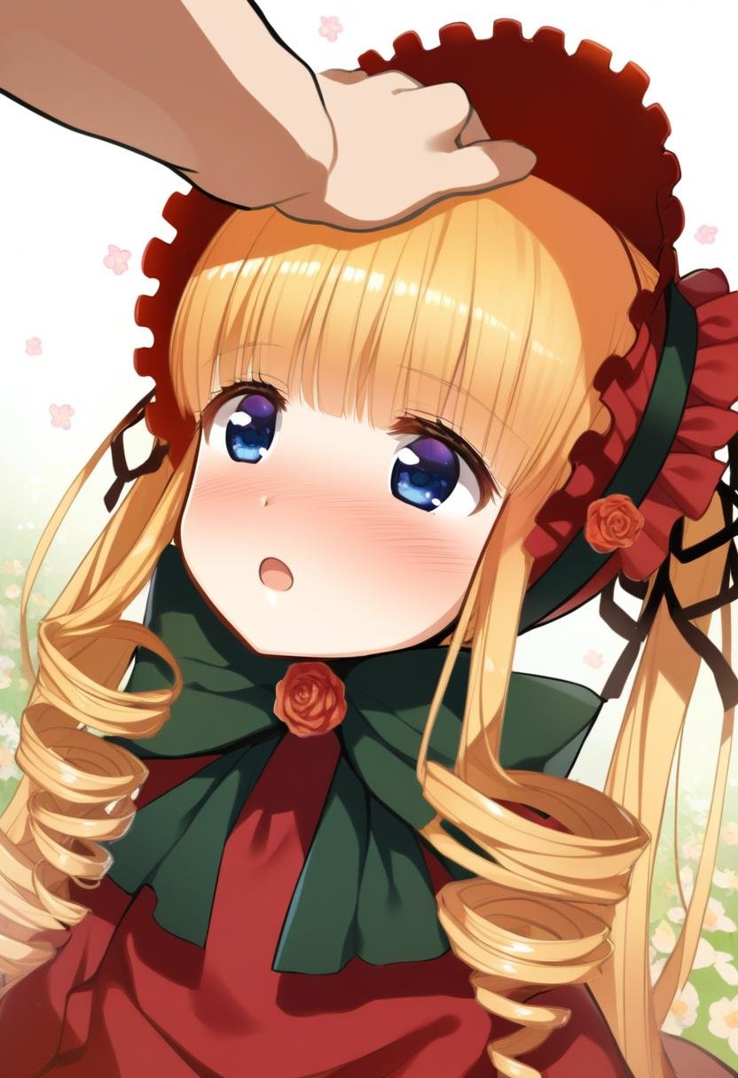 1girl, shinku, headpat, pov, solo, blonde hair, blue eyes, full body, long hair, drill hair, bonnet, twintails, dress, bow, flower, upper body, looking up, blush, open mouth, high quality, late, <lora:char - shinku - v1 - bionagato:1>