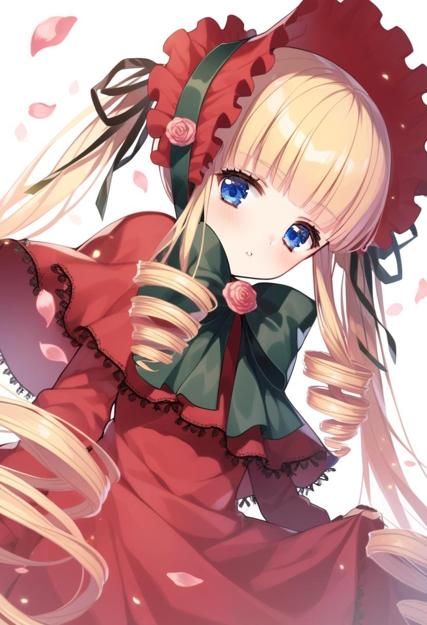 1girl, shinku, solo, long hair, dress, blonde hair, blue eyes, bonnet, red dress, white background, flower, looking at viewer, long sleeves, bow, petals, rose, bangs, twintails, parted lips, very long hair, simple background, drill hair, ribbon, frills, bowtie, red capelet, pink flower, high quality, late,  <lora:char - shinku - v1 - bionagato:1>