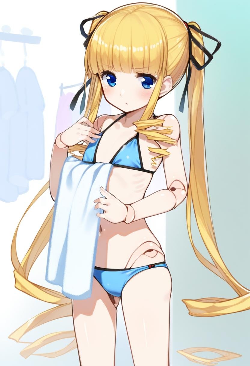 1girl, shinku, bikini, blonde hair, blue eyes, doll joints, eyebrows, joints, long hair, solo, standing, swimsuit, towel, twintails, high quality, late,  <lora:char - shinku - v1 - bionagato:1>