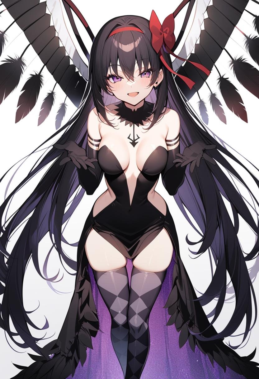 1girl, akuma homura, ssolo, long hair, black hair, gloves, elbow gloves, thighhighs, dress, black gloves, purple eyes, looking at viewer, black dress, wings, argyle legwear, breasts, smile, bow, argyle, hair bow, open mouth, bare shoulders, bangs, feathers, hairband, black wings, feathered wings, choker, black thighhighs, very long hair, masterpiece, best quality, late, <lora:char - akuma homura - v1 - bionagato:1>