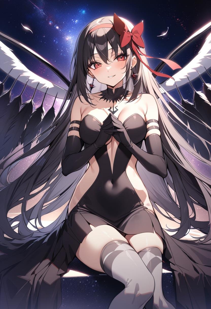 1girl, akuma homura, solo, long hair, black hair, gloves, elbow gloves, black gloves, wings, black wings, looking at viewer, dress, bare shoulders, earrings, parted lips, jewelry, choker, bow, black dress, hair bow, space, star \(symbol\), own hands together, bangs, red eyes, breasts, feathers, collarbone, smile, covered navel, blush, thighhighs, sitting, very long hair, strapless, hairband, masterpiece, best quality, late, <lora:char - akuma homura - v1 - bionagato:1>