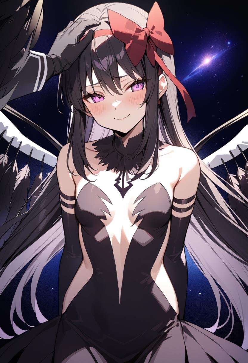 1girl, akuma homura, headpat, pov, bare shoulders, black gloves, black hair, black wings, small breasts, blush, bow, dress, elbow gloves, feathered wings, hair bow, hair ribbon, long hair, purple eyes, glowing eyes, evil smile, closed mouth, ribbon, smile, white background, wings, space, star (sky), masterpiece, best quality, late, <lora:char - akuma homura - v1 - bionagato:1>