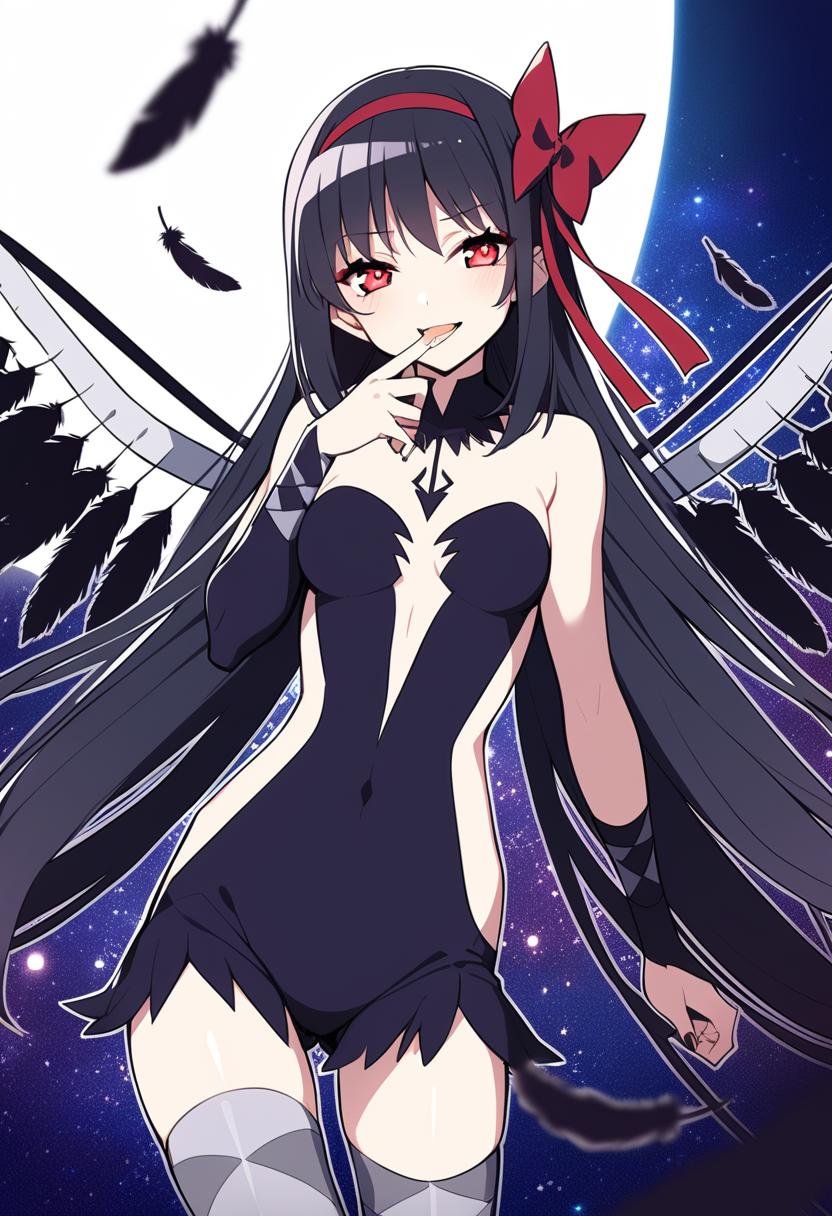 1girl, akuma homura, akuma homura, argyle, argyle legwear, bare shoulders, black hair, bone, bow, checkered clothes, checkered legwear, feathers, finger in own mouth, glowing, glowing eyes, hair ribbon, halftone, halftone background, madoka runes, open mouth, patterned legwear, pun, red eyes, ribbon, smile, solo, space, wings, masterpiece, best quality, late, <lora:char - akuma homura - v1 - bionagato:1>