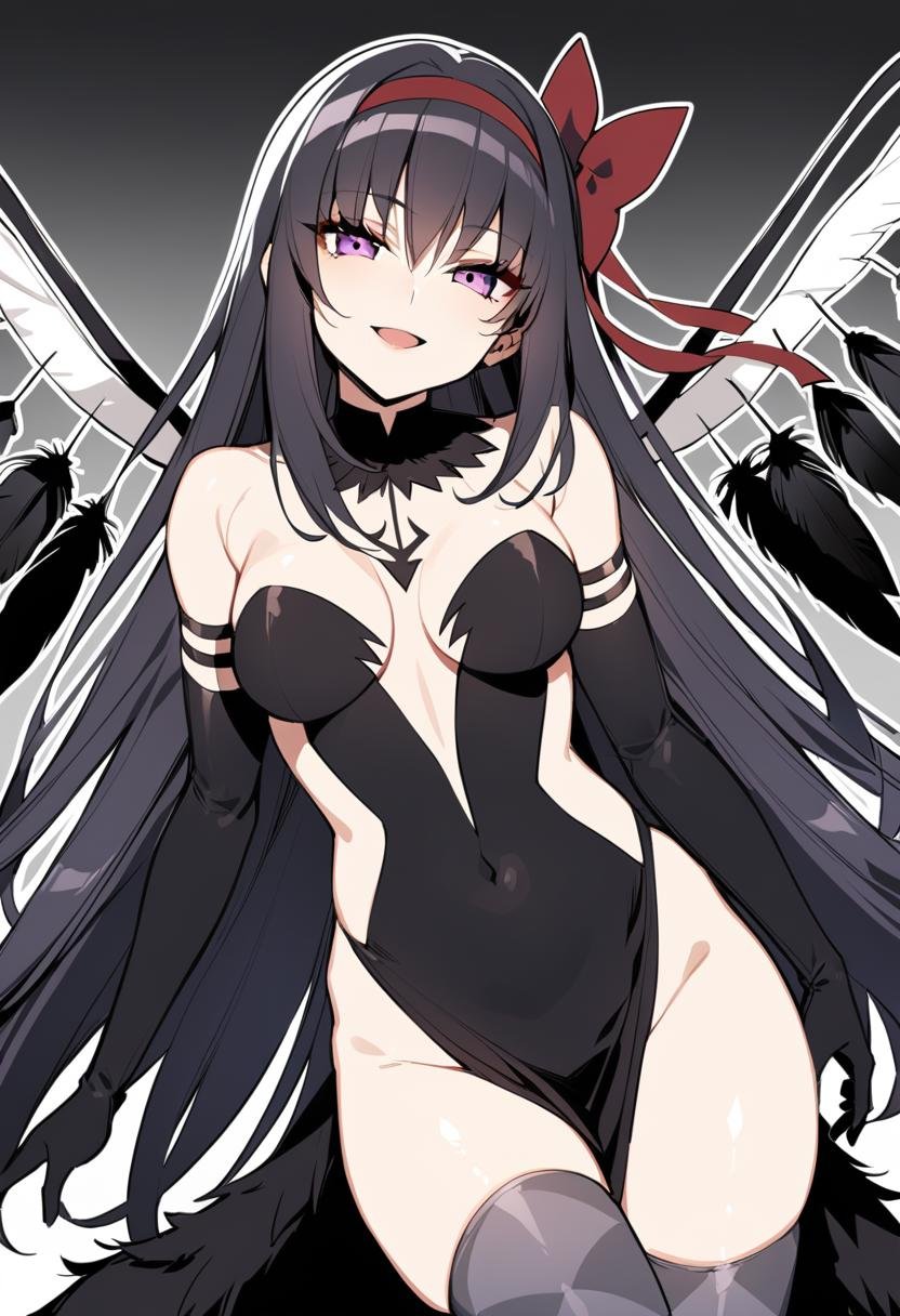 1girl, akuma homura, solo, long hair, black hair, gloves, elbow gloves, thighhighs, dress, black gloves, purple eyes, looking at viewer, black dress, wings, argyle legwear, breasts, smile, bow, argyle, hair bow, open mouth, bare shoulders, bangs, feathers, hairband, black wings, feathered wings, choker, black thighhighs, very long hair, masterpiece, best quality, late, <lora:char - akuma homura - v1 - bionagato:1>