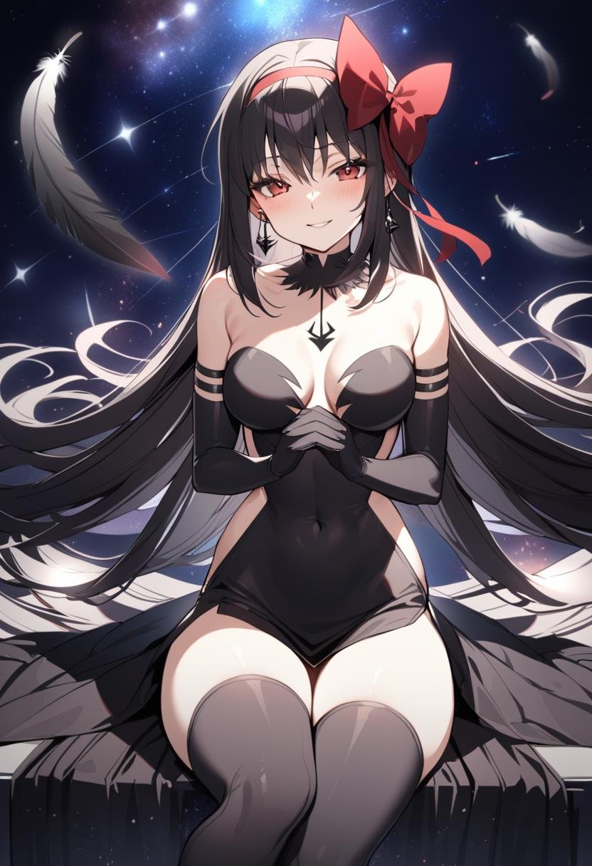 1girl, akuma homura, solo, long hair, black hair, gloves, elbow gloves, black gloves, looking at viewer, dress, bare shoulders, earrings, parted lips, jewelry, choker, bow, black dress, hair bow, space, star \(symbol\), own hands together, bangs, red eyes, breasts, feathers, collarbone, smile, covered navel, blush, thighhighs, sitting, very long hair, strapless, hairband, masterpiece, best quality, late, <lora:char - akuma homura - v1 - bionagato:1>