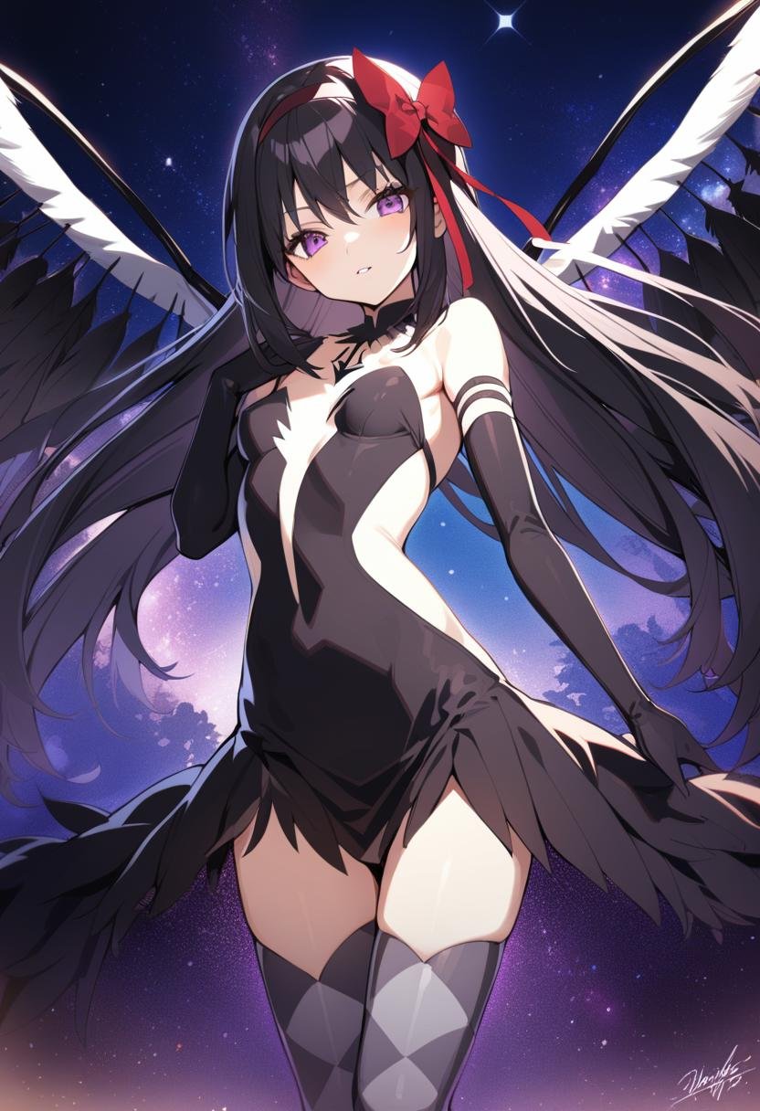 1girl, akuma homura, solo, long hair, thighhighs, gloves, purple eyes, argyle, elbow gloves, black hair, wings, black gloves, argyle legwear, dress, bow, looking at viewer, bare shoulders, hair bow, zettai ryouiki, feathered wings, black wings, choker, black dress, breasts, star \(sky\), small breasts, red bow, parted lips, red hairband, collarbone, masterpiece, best quality, late, <lora:char - akuma homura - v1 - bionagato:1>