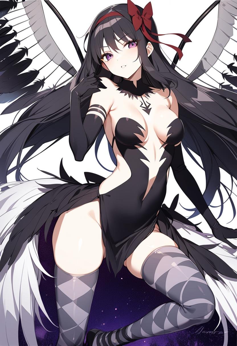 1girl, akuma homura, solo, long hair, thighhighs, gloves, purple eyes, black gloves, black hair, elbow gloves, feathers, wings, argyle legwear, dress, bare shoulders, bow, choker, hair bow, looking at viewer, argyle, feathered wings, zettai ryouiki, breasts, black dress, black wings, masterpiece, best quality, late, <lora:char - akuma homura - v1 - bionagato:1>