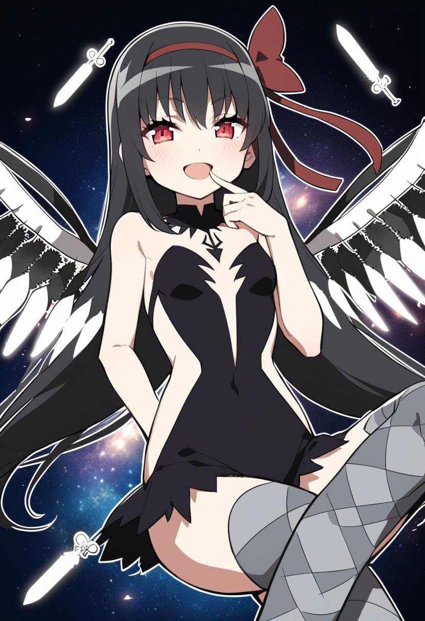 1girl, akuma homura, argyle, argyle legwear, bare shoulders, black hair, bone, bow, checkered clothes, checkered legwear, feathers, finger in own mouth, glowing, glowing eyes, hair ribbon, halftone, halftone background, madoka runes, open mouth, patterned legwear, pun, red eyes, ribbon, smile, solo, space, wings, masterpiece, best quality, late, <lora:char - akuma homura - v1 - bionagato:1>