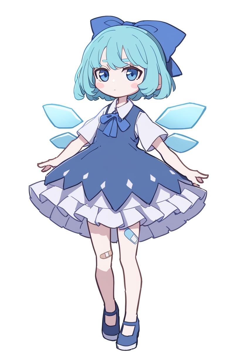 1girl, style:kame \(kamepan44231\), cirno, bandaid, bandaid on leg, blue bow, blue dress, blue eyes, blue footwear, blue hair, blush stickers, bow, collared shirt, dress, fairy, full body, fumo (doll), hair bow, ice, ice wings, shirt, shoes, short hair, short sleeves, simple background, solo, white background, white shirt, wings, <lora:Style - kame (kamepan44231) - v2 - bionagato>