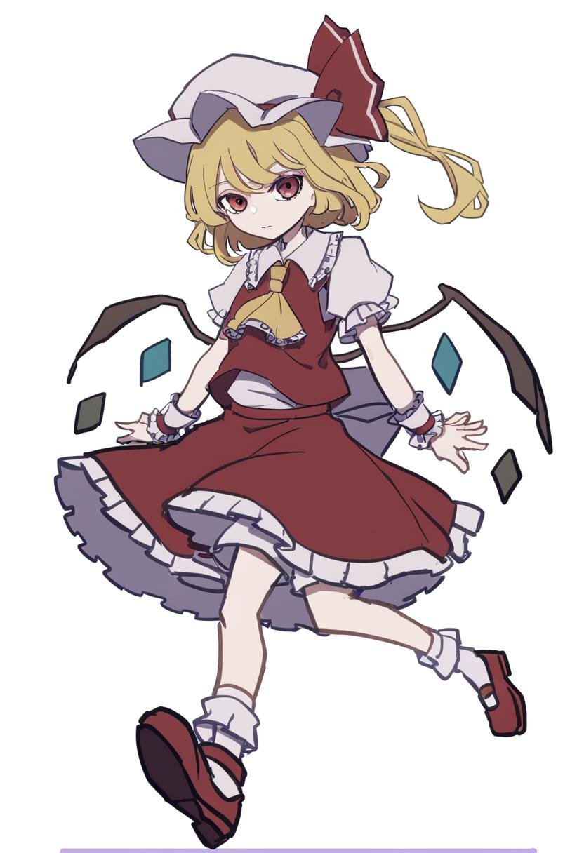 1girl, style:kame \(kamepan44231\), flandre scarlet, solo, skirt, wings, blonde hair, mob cap, short sleeves, hat, red skirt, red eyes, ascot, shirt, vest, puffy sleeves, red ribbon, crystal, white headwear, puffy short sleeves, white shirt, red footwear, frills, ribbon, red vest, hat ribbon, yellow ascot, simple background, wrist cuffs, white background, socks, skirt set, white socks, mary janes, bow, shoes, frilled shirt collar, collared shirt, one side up, frilled skirt, bobby socks, medium hair, <lora:Style - kame (kamepan44231) - v2 - bionagato>, <lora:Char - Flandre Scarlet - kitarz>