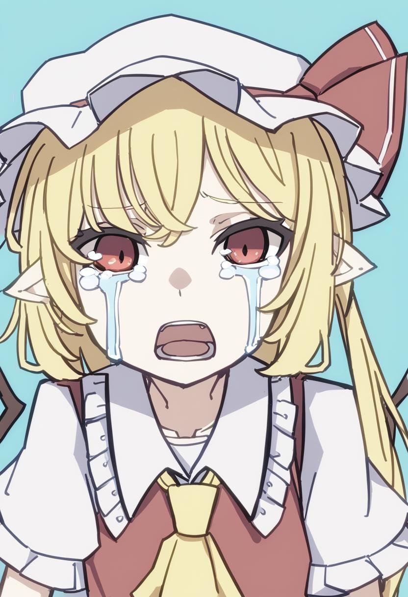 1girl, style:kame \(kamepan44231\), flandre scarlet, ascot, blonde hair, blue background, collared shirt, crying, crying with eyes open, crystal, hat, long hair, looking at viewer, mob cap, one side up, open mouth, pointy ears, red eyes, red vest, shirt, short sleeves, simple background, solo, tears, upper body, vest, white headwear, white shirt, wings, wrist cuffs, yellow ascot, <lora:Style - kame (kamepan44231) - v2 - bionagato>, <lora:Char - Flandre Scarlet - kitarz>