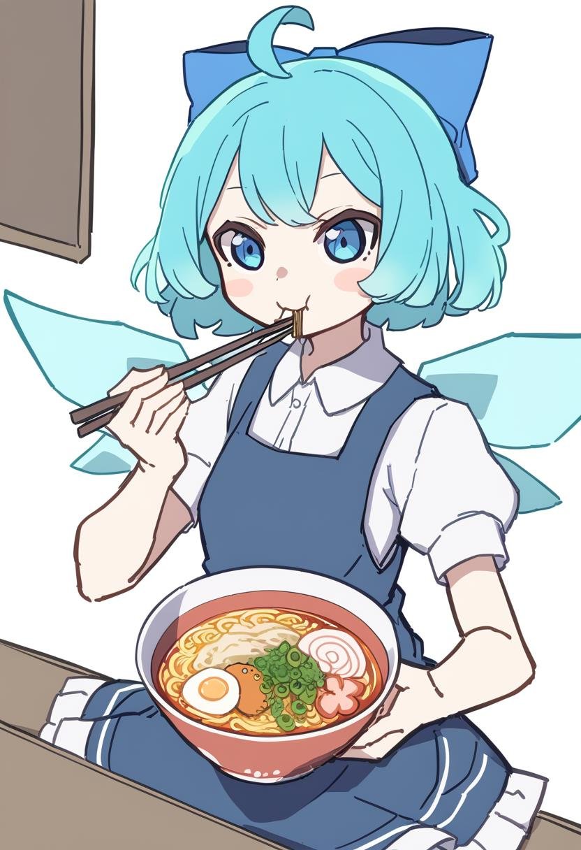 1girl, style:kame \(kamepan44231\), cirno, blue eyes, blue hair, wings, short sleeves, dress, solo, shirt, short hair, white shirt, bow, ice wings, ice, blue dress, puffy short sleeves, blue bow, hair bow, puffy sleeves, food, noodles, pinafore dress, collared shirt, holding, fairy, eating, cup ramen, blush stickers, ribbon, chopsticks, ramen, ahoge, <lora:Style - kame (kamepan44231) - v2 - bionagato>