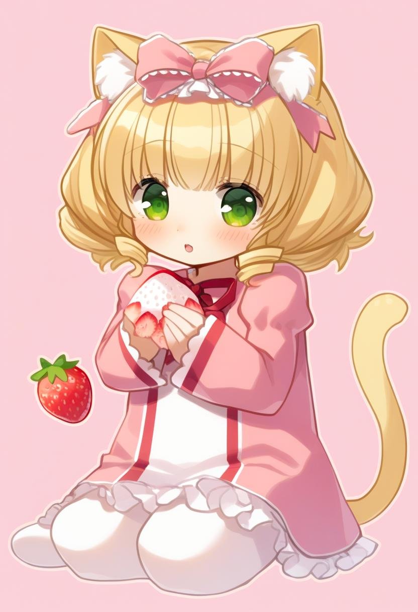 hinaichigo, no humans, strawberry, food, pink bow, solo, fruit, bow, tail, blonde hair, 1girl, green eyes, cat ears, animal ears, high quality, late, <lora:char - hinaichigo - v1 - bionagato:1>