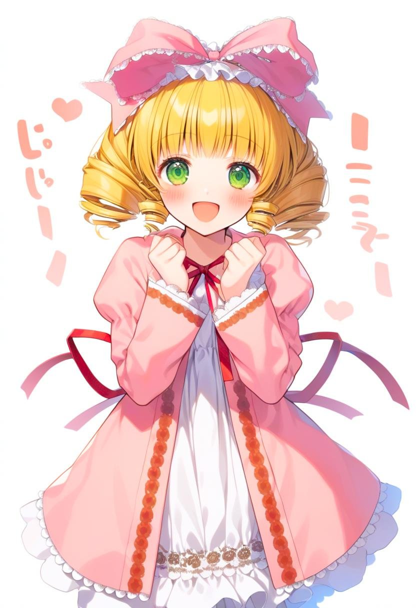 1girl, hinaichigo, :d, blonde hair, blush, bow, coat, cowboy shot, dress, drill hair, frilled bow, frills, green eyes, hair bow, hands up, long sleeves, looking at viewer, medium bangs, neck ribbon, open mouth, pink bow, pink coat, quad drills, red ribbon, ribbon, short hair, simple background, smile, solo, white background, white dress, high quality, late, <lora:char - hinaichigo - v1 - bionagato:1>