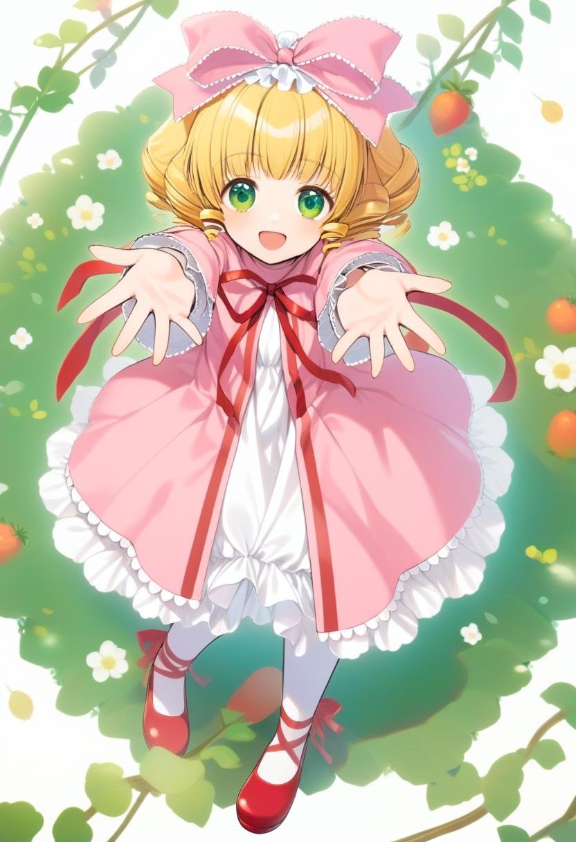 1girl, hinaichigo, blonde hair, solo, bow, dress, hair bow, open mouth, smile, looking at viewer, green eyes, ribbon, pink bow, short hair, pink dress, reaching towards viewer, outstretched arms, :d, long sleeves, drill hair, red footwear, full body, frills, high quality, late, <lora:char - hinaichigo - v1 - bionagato:1>