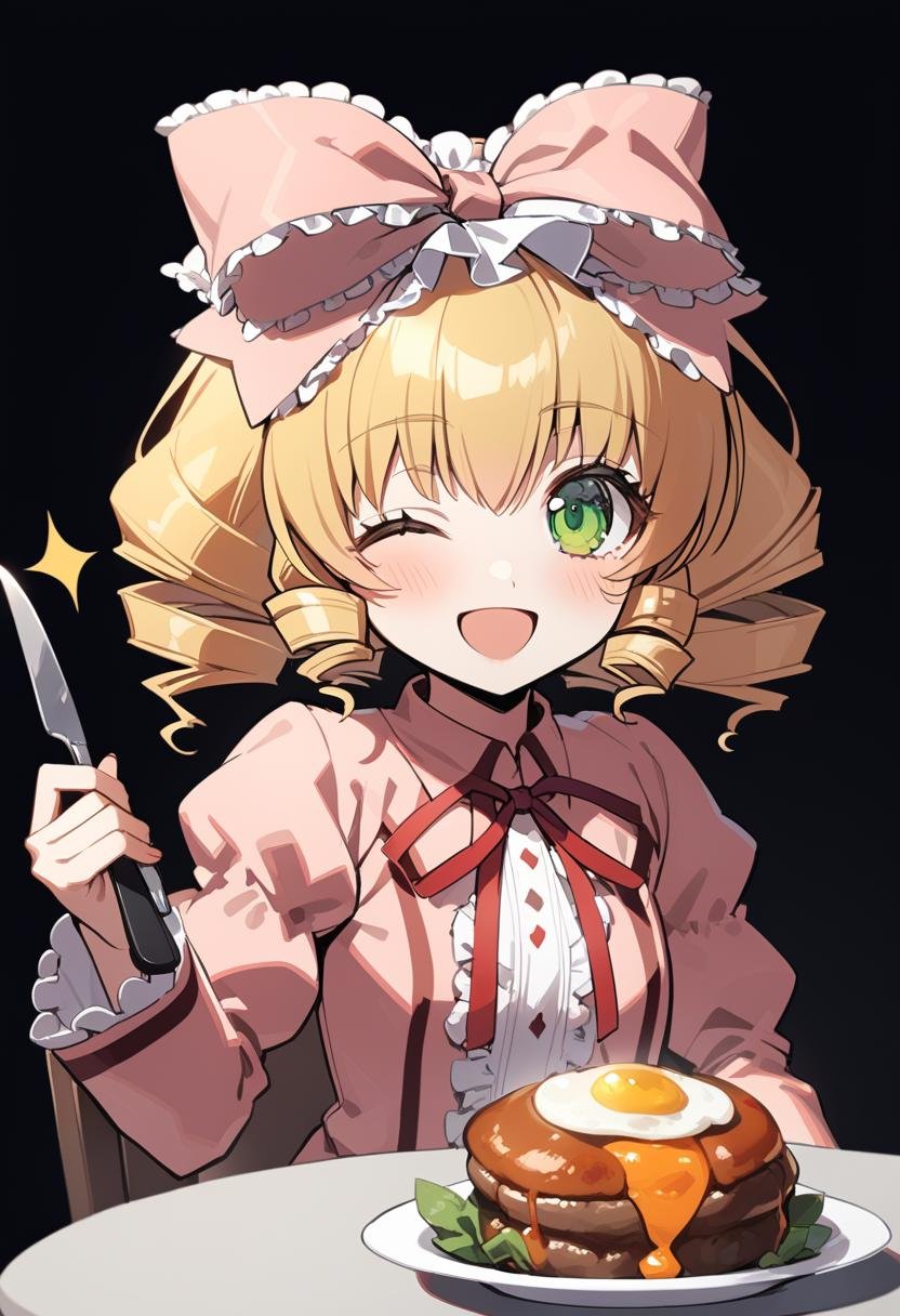 1girl, hinaichigo, 1girl, black background, blonde hair, bow, carrot, chair, coat, cup, drill hair, flat chest, fork, fried egg, frilled bow, frills, green eyes, hair between eyes, hair bow, hamburger steak, holding, holding fork, holding knife, knife, long sleeves, looking at viewer, medium bangs, medium hair, neck ribbon, one eye closed, open mouth, pink bow, pink coat, plate, quad drills, red ribbon, ribbon, simple background, single blush sticker, smile, solo, table, teacup, upper body, masterpiece, best quality, late, <lora:char - hinaichigo - v1 - bionagato:1>