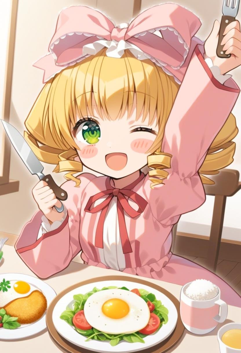 1girl, hinaichigo, one eye closed, knife, food, solo, pink bow, green eyes, bow, blonde hair, holding knife, fork, holding, open mouth, hair bow, smile, cup, long sleeves, dress, plate, egg \(food\), fried egg, looking at viewer, blush stickers, > o, drill hair, holding fork, pink dress, salad, frills, ribbon, table, rice, mug, arm up, high quality, late, <lora:char - hinaichigo - v1 - bionagato:1>