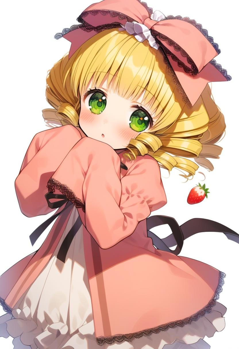 1girl, hinaichigo, strawberry, solo, blonde hair, fruit, green eyes, dress, food, bow, hair bow, looking at viewer, pink bow, long sleeves, ribbon, white background, short hair, drill hair, pink dress, black ribbon, bangs, blush, simple background, curly hair, lace trim, sleeves past wrists, blurry, high quality, late, <lora:char - hinaichigo - v1 - bionagato:1>