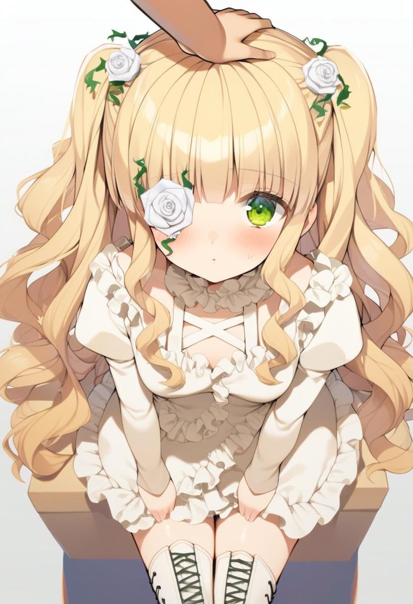 1girl, kirakishou, headpat, pov, solo, blonde hair, cross-laced footwear, flower, flower over eye, frilled shirt, frilled skirt, green eyes, hair flower, hair ornament, juliet sleeves, long hair, looking at viewer, wavy hair, white flower, white rose, blush, high quality, late, <lora:char - kirakishou - v1 - bionagato:1>