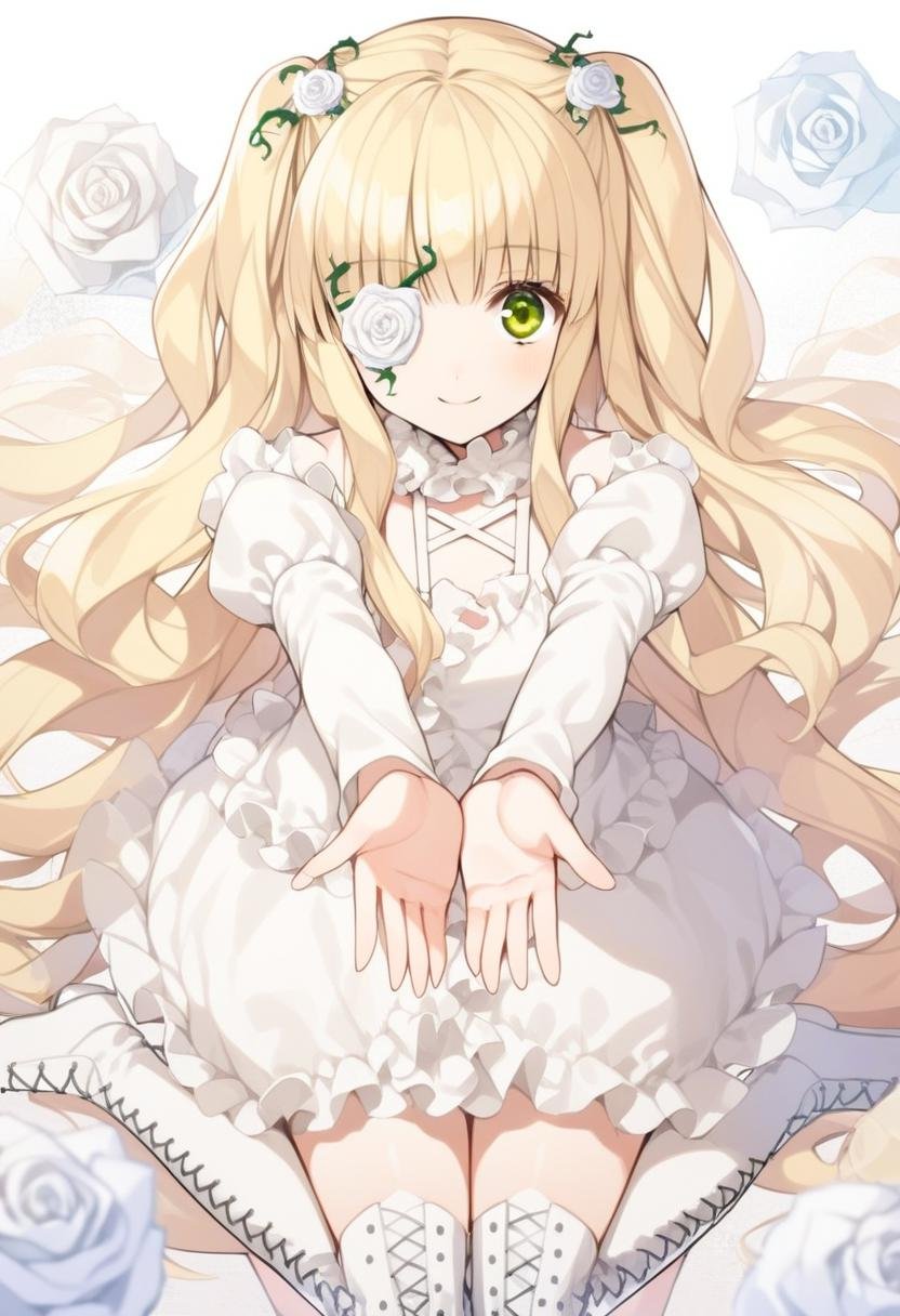 1girl, kirakishou, solo, long hair, flower, dress, flower over eye, white rose, rose, boots, green eyes, white flower, very long hair, hair flower, hair ornament, eyepatch, frills, blonde hair, star \(symbol\), knee boots, outstretched hand, looking at viewer, wariza, smile, white dress, high quality, late, <lora:char - kirakishou - v1 - bionagato:1>